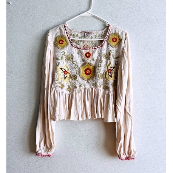 Free People Tops - Free People Blouse Womens Medium White Embroidered Floral Long Sleeve Boho Top